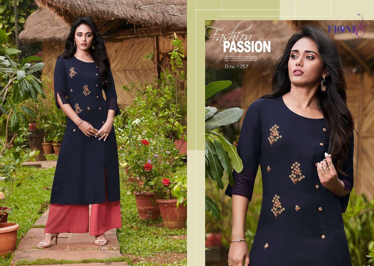 SPARKLE BY FIONISTA 1251 TO 1257 SERIES STYLISH FANCY BEAUTIFUL COLORFUL CASUAL WEAR & ETHNIC WEAR HEAVY RAYON WITH HANDWORK KURTIS AT WHOLESALE PRICE