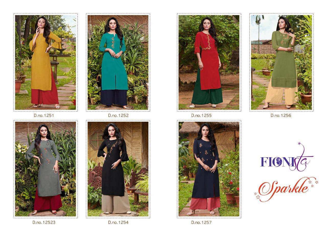 SPARKLE BY FIONISTA 1251 TO 1257 SERIES STYLISH FANCY BEAUTIFUL COLORFUL CASUAL WEAR & ETHNIC WEAR HEAVY RAYON WITH HANDWORK KURTIS AT WHOLESALE PRICE