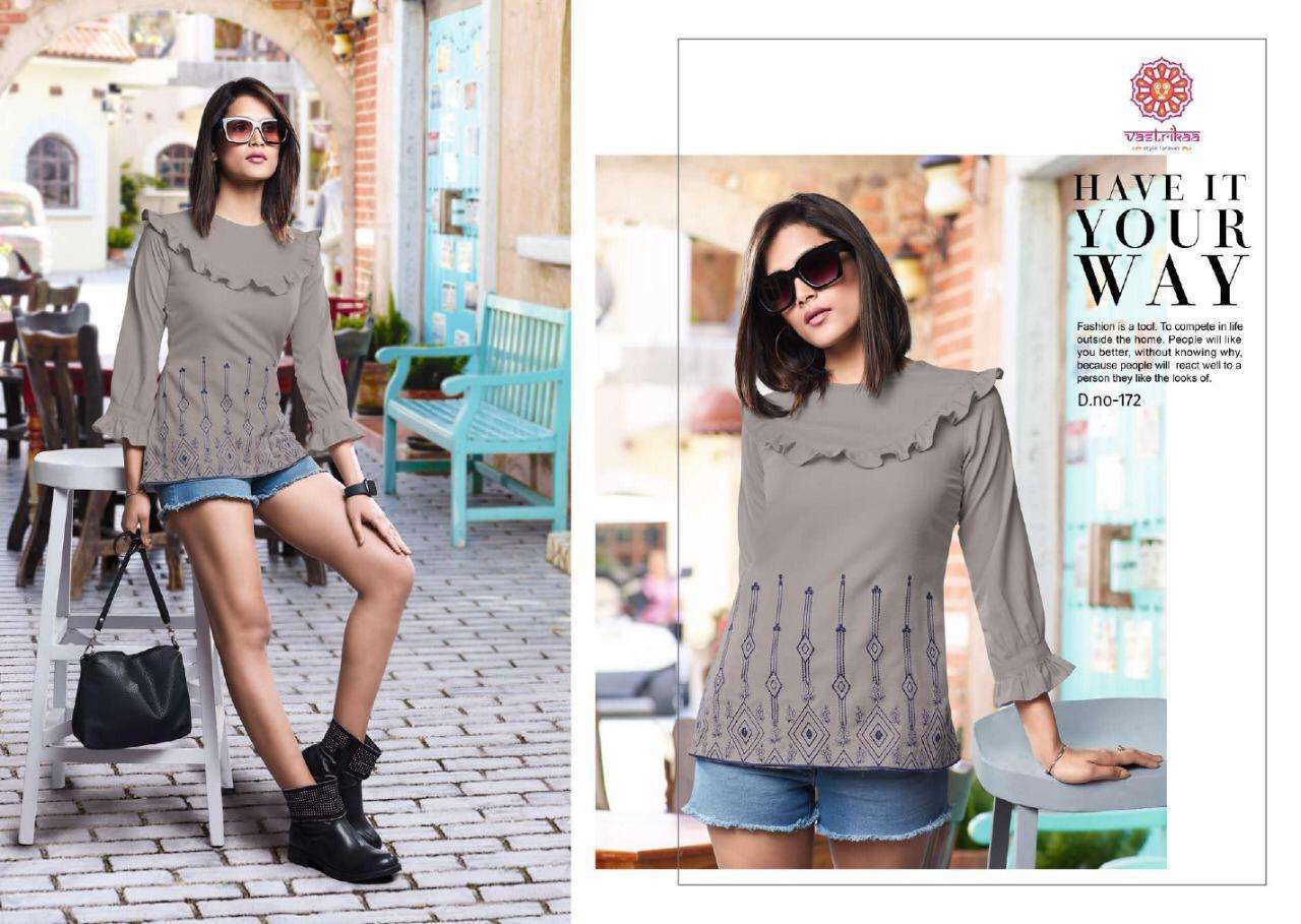 GRACE BY VASTRIKAA 169 TO 176 SERIES BEAUTIFUL STYLISH FANCY COLORFUL CASUAL WEAR & ETHNIC WEAR COTTON BLEND TOPS AT WHOLESALE PRICE