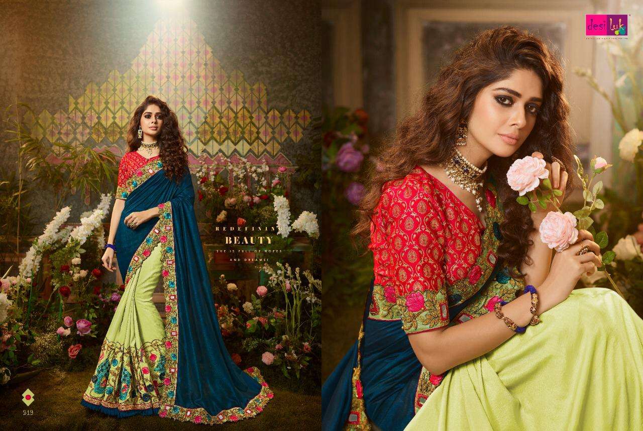 PREM RIVAZ VOL-6 BY DESI LUK 216 TO 226 SERIES INDIAN TRADITIONAL WEAR COLLECTION BEAUTIFUL STYLISH FANCY COLORFUL PARTY WEAR & OCCASIONAL WEAR FANCY SAREES AT WHOLESALE PRICE