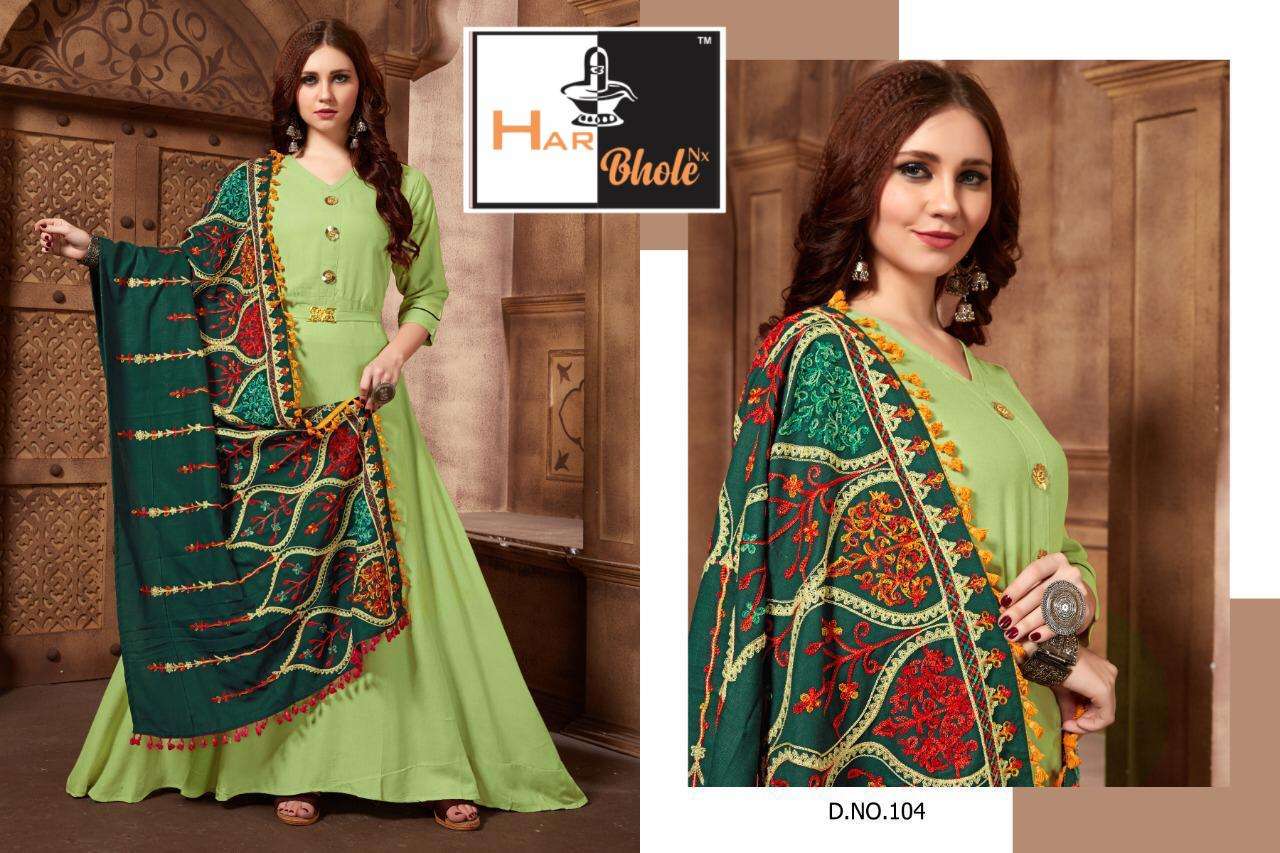 SHALNI VOL-1 BY HAR BHOLE 101 TO 106 SERIES BEAUTIFUL STYLISH COLORFUL FANCY PARTY WEAR & ETHNIC WEAR & READY TO WEAR RAYON WITH WORK GOWNS WITH DUPATTA AT WHOLESALE PRICE