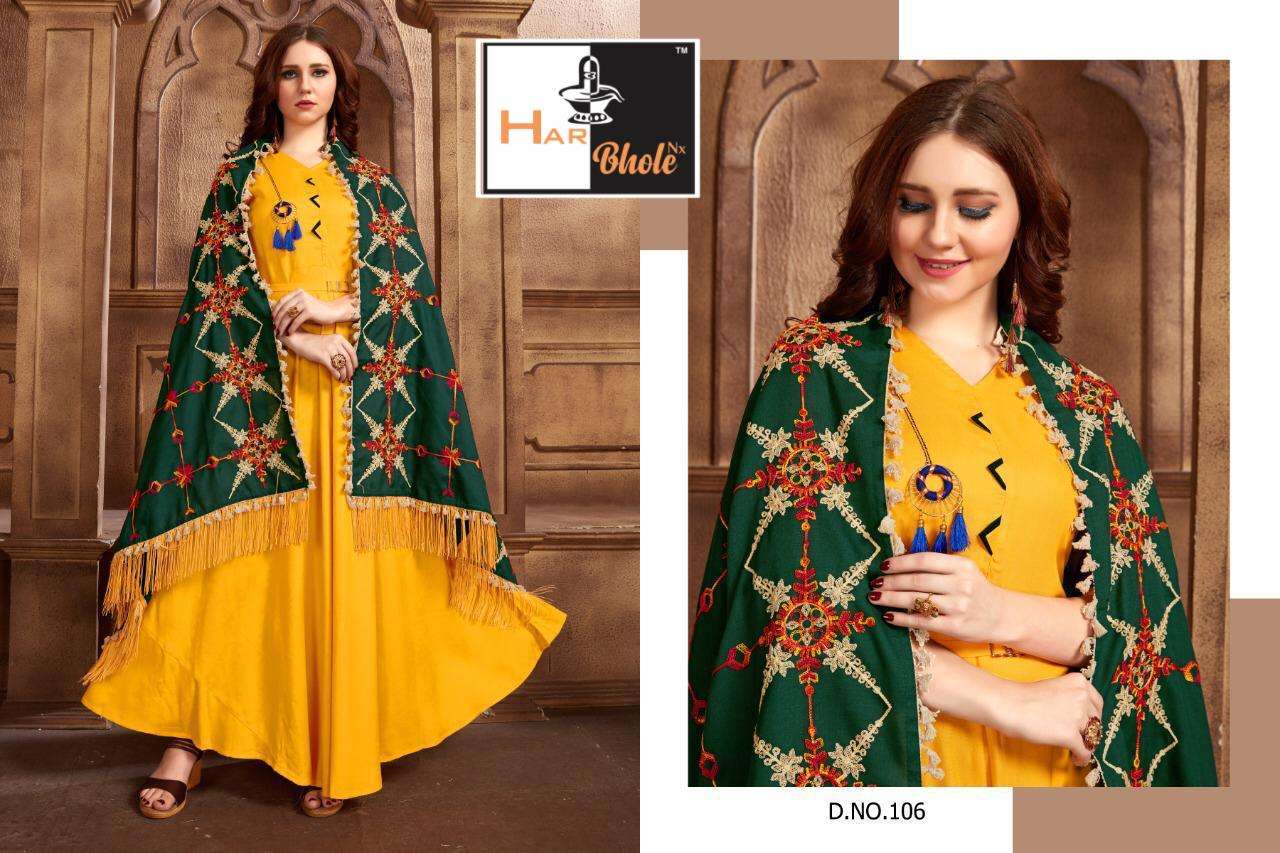 SHALNI VOL-1 BY HAR BHOLE 101 TO 106 SERIES BEAUTIFUL STYLISH COLORFUL FANCY PARTY WEAR & ETHNIC WEAR & READY TO WEAR RAYON WITH WORK GOWNS WITH DUPATTA AT WHOLESALE PRICE