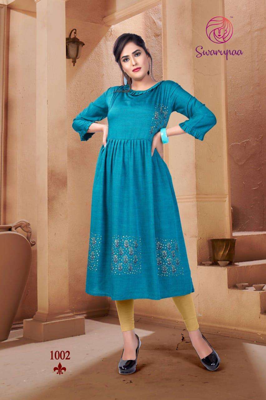SWARUPAA VOL-7 BY RANISA 1001 TO 1004 SERIES BEAUTIFUL STYLISH COLORFUL FANCY PARTY WEAR & ETHNIC WEAR & READY TO WEAR HEAVY BLACKSTONE RAYON KURTIS AT WHOLESALE PRICE
