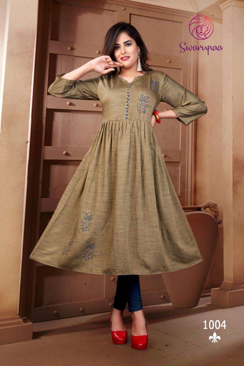 SWARUPAA VOL-7 BY RANISA 1001 TO 1004 SERIES BEAUTIFUL STYLISH COLORFUL FANCY PARTY WEAR & ETHNIC WEAR & READY TO WEAR HEAVY BLACKSTONE RAYON KURTIS AT WHOLESALE PRICE