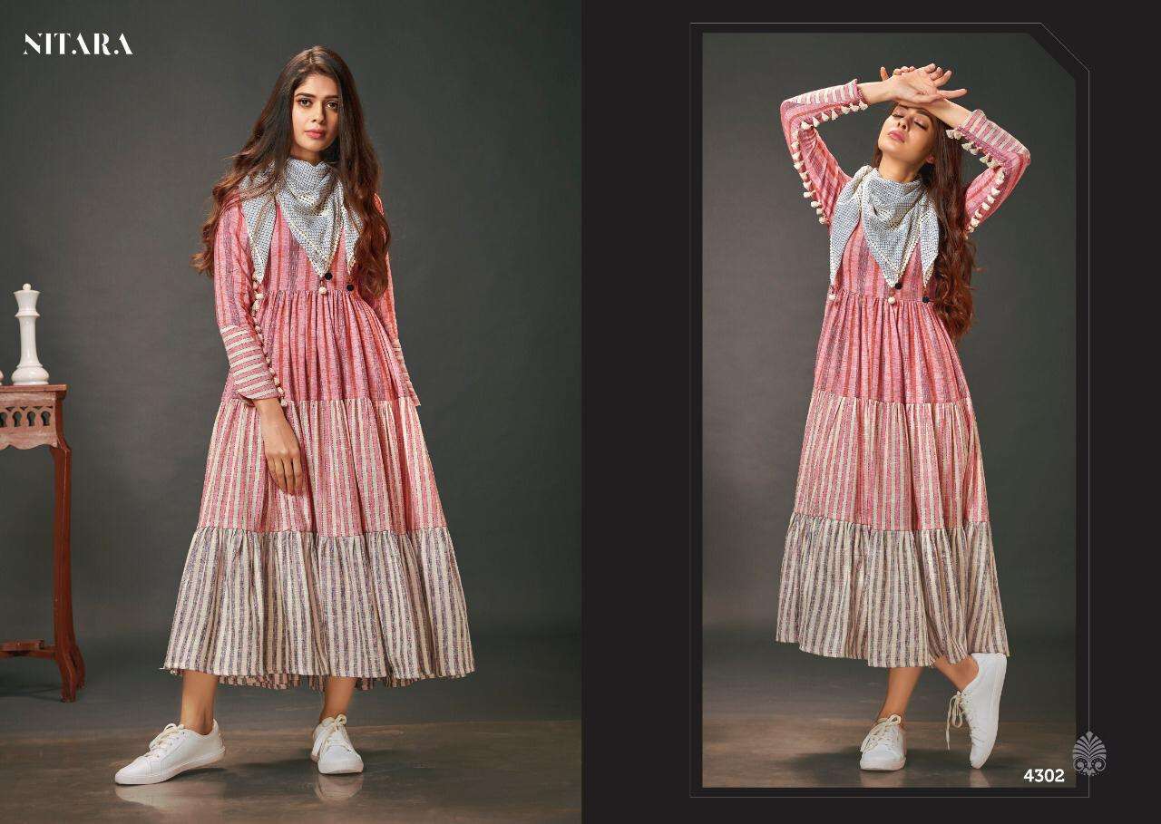OASIS BY NITARA 4301 TO 4308 SERIES BEAUTIFUL COLORFUL STYLISH FANCY CASUAL WEAR & ETHNIC WEAR & READY TO WEAR WOVEN COTTON GOWN AT WHOLESALE PRICE