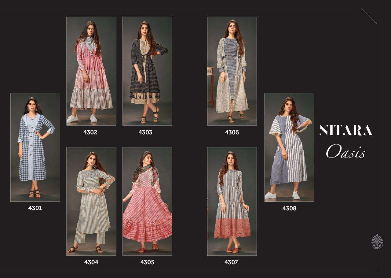OASIS BY NITARA 4301 TO 4308 SERIES BEAUTIFUL COLORFUL STYLISH FANCY CASUAL WEAR & ETHNIC WEAR & READY TO WEAR WOVEN COTTON GOWN AT WHOLESALE PRICE