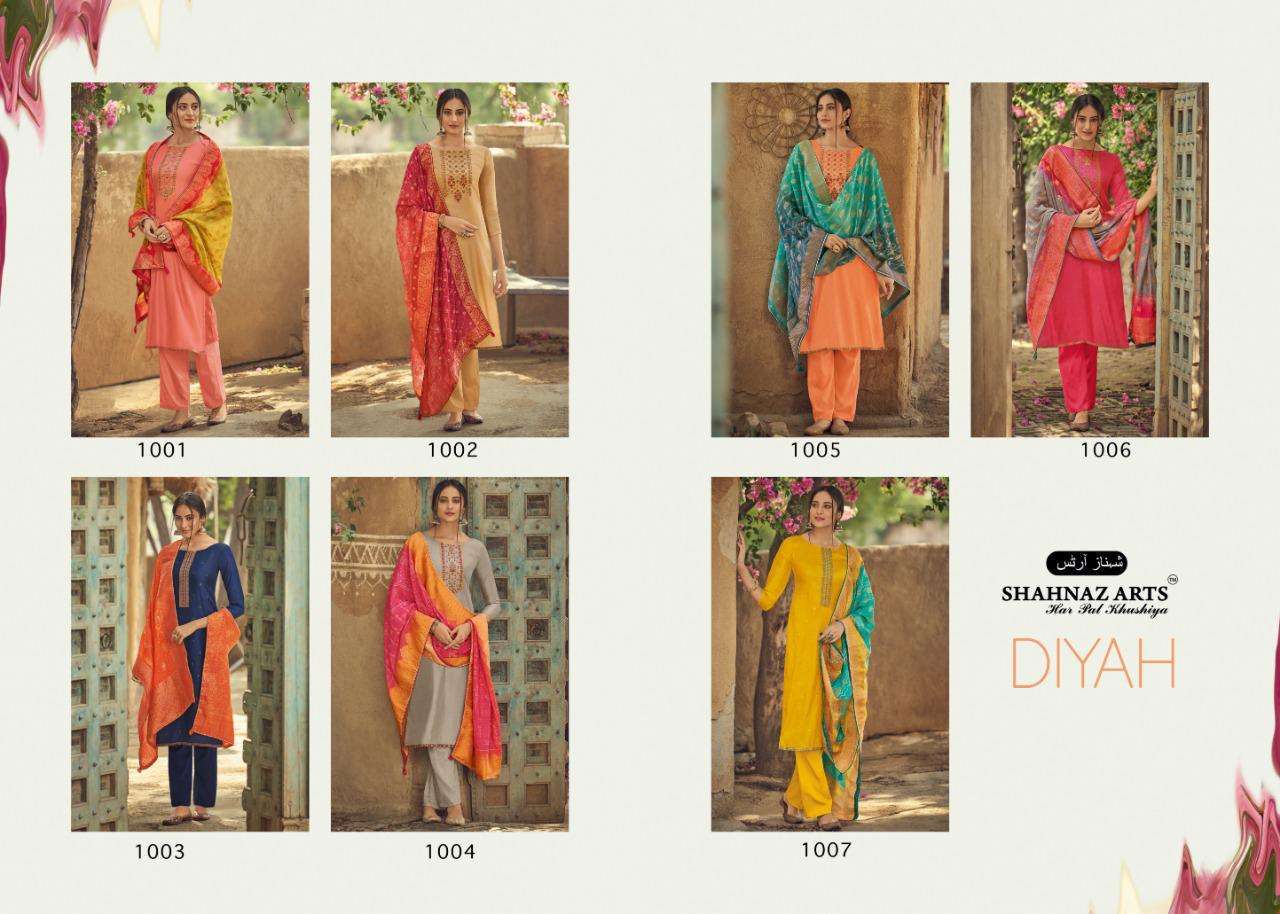 DIYAH BY SHAHNAZ ARTS 1001 TO 1007 SERIES BEAUTIFUL SHARARA SUITS STYLISH FANCY COLORFUL PARTY WEAR & ETHNIC WEAR TUSSAR SILK WITH EMBROIDERY DRESSES AT WHOLESALE PRICE