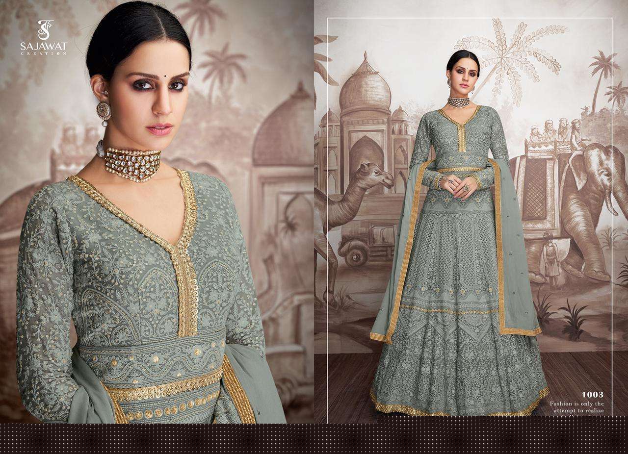MERAKI VOL-4 BY SAJAWAT CREATION 1001 TO 1004 SERIES DESIGNER ANARKALI SUITS COLLECTION BEAUTIFUL STYLISH FANCY COLORFUL PARTY WEAR & OCCASIONAL WEAR HEAVY FAUX GEORGETTE/BUTTERFLY NET DRESSES AT WHOLESALE PRICE