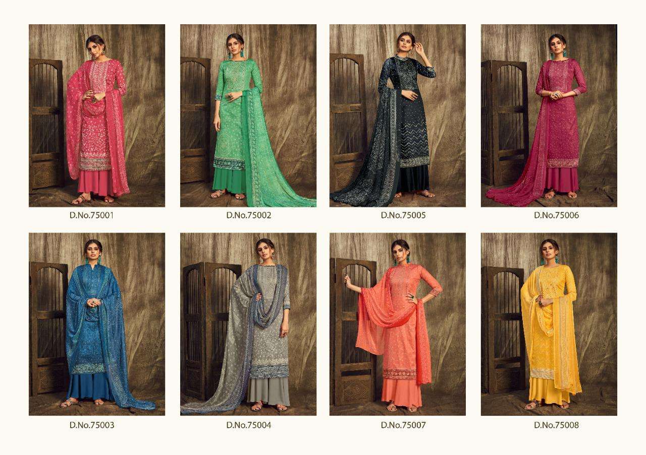 RANGREZ BY KAPIL FAB 75001 TO 75008 SERIES SUITS STYLISH BEAUTIFUL COLOURFUL PRINTED & EMBROIDERED PARTY WEAR & OCCASIONAL WEAR HEAVY JAM SATIN PRINTED DRESSES AT WHOLESALE PRICE