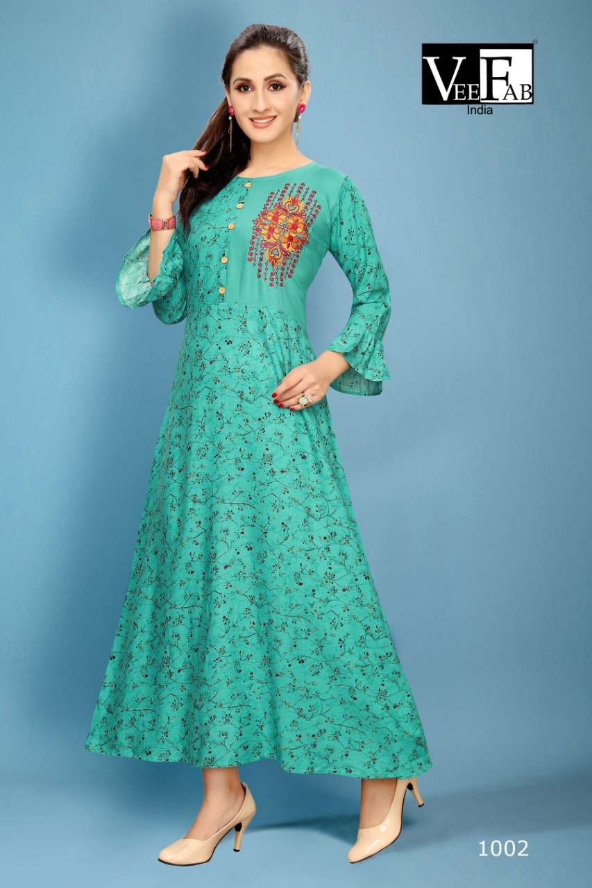 FABULOUS BY VEE FAB 1001 TO 1005 SERIES BEAUTIFUL STYLISH COLORFUL FANCY PARTY WEAR & ETHNIC WEAR & READY TO WEAR PREMIUM RAYON PRINTED KURTIS AT WHOLESALE PRICE