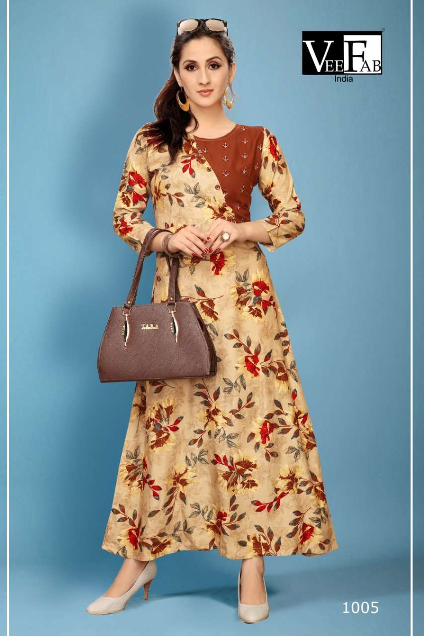 FABULOUS BY VEE FAB 1001 TO 1005 SERIES BEAUTIFUL STYLISH COLORFUL FANCY PARTY WEAR & ETHNIC WEAR & READY TO WEAR PREMIUM RAYON PRINTED KURTIS AT WHOLESALE PRICE