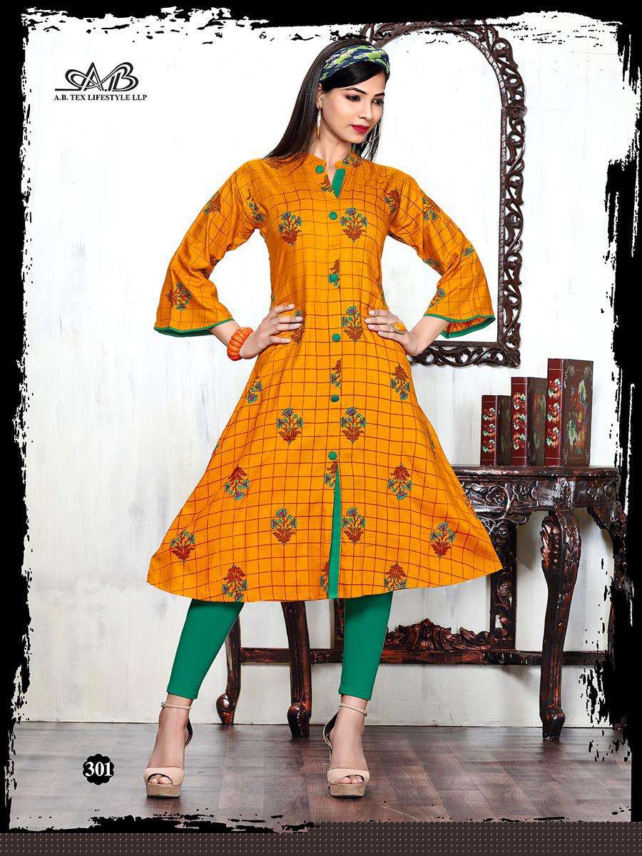 PARTHVI BY A.B FASHION 301 TO 308 SERIES BEAUTIFUL STYLISH COLORFUL FANCY PARTY WEAR & ETHNIC WEAR & READY TO WEAR HEAVY RAYON PRINTED KURTIS AT WHOLESALE PRICE