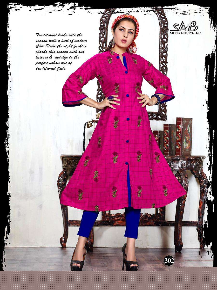 PARTHVI BY A.B FASHION 301 TO 308 SERIES BEAUTIFUL STYLISH COLORFUL FANCY PARTY WEAR & ETHNIC WEAR & READY TO WEAR HEAVY RAYON PRINTED KURTIS AT WHOLESALE PRICE