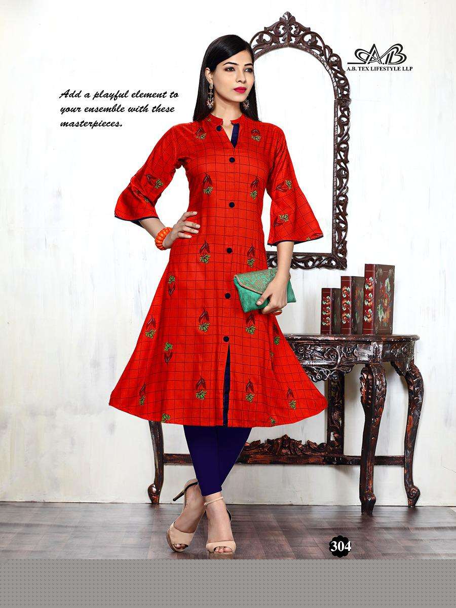 PARTHVI BY A.B FASHION 301 TO 308 SERIES BEAUTIFUL STYLISH COLORFUL FANCY PARTY WEAR & ETHNIC WEAR & READY TO WEAR HEAVY RAYON PRINTED KURTIS AT WHOLESALE PRICE