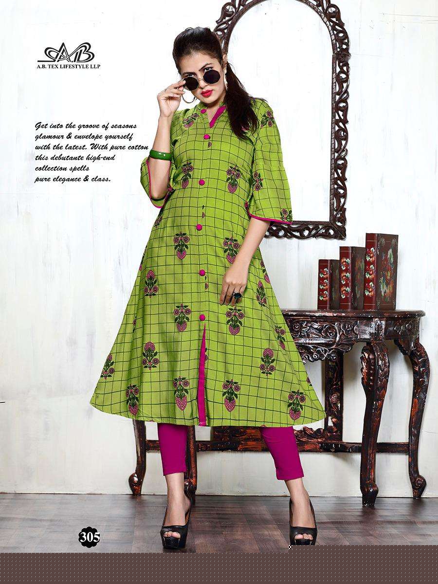 PARTHVI BY A.B FASHION 301 TO 308 SERIES BEAUTIFUL STYLISH COLORFUL FANCY PARTY WEAR & ETHNIC WEAR & READY TO WEAR HEAVY RAYON PRINTED KURTIS AT WHOLESALE PRICE