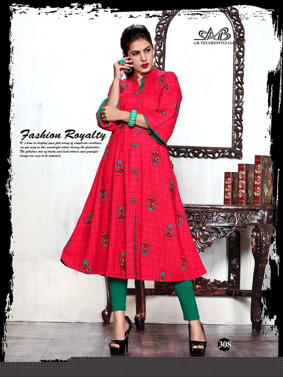 PARTHVI BY A.B FASHION 301 TO 308 SERIES BEAUTIFUL STYLISH COLORFUL FANCY PARTY WEAR & ETHNIC WEAR & READY TO WEAR HEAVY RAYON PRINTED KURTIS AT WHOLESALE PRICE