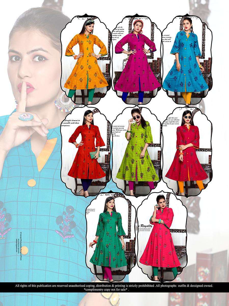 PARTHVI BY A.B FASHION 301 TO 308 SERIES BEAUTIFUL STYLISH COLORFUL FANCY PARTY WEAR & ETHNIC WEAR & READY TO WEAR HEAVY RAYON PRINTED KURTIS AT WHOLESALE PRICE