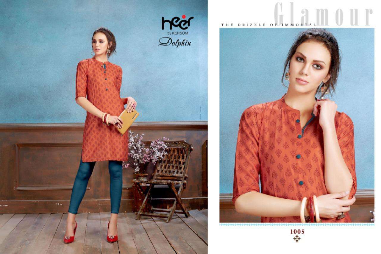 DOLPHIN BY HEER 01 TO 08 SERIES BEAUTIFUL STYLISH COLORFUL FANCY PARTY WEAR & ETHNIC WEAR & READY TO WEAR HEAVY COTTON SATIN KURTIS AT WHOLESALE PRICE