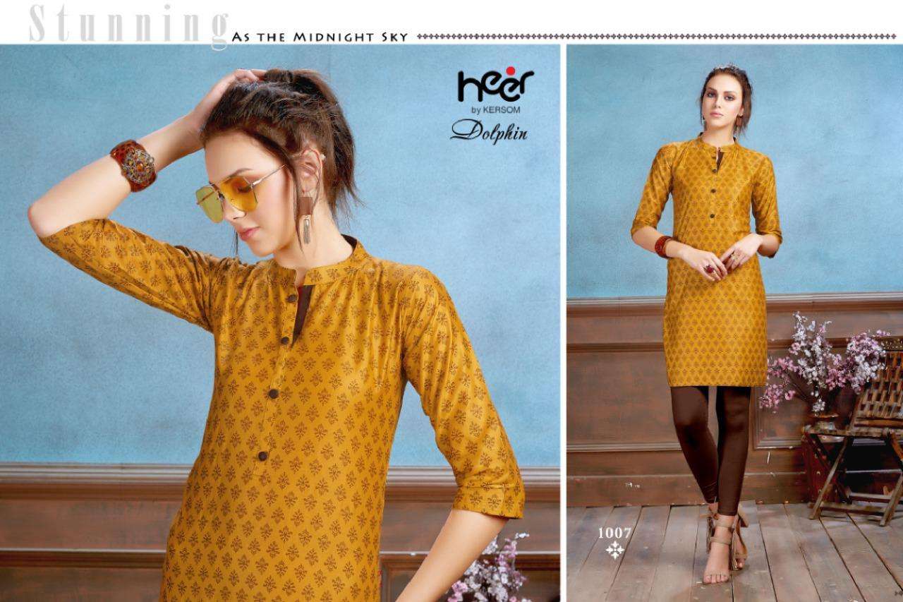 DOLPHIN BY HEER 01 TO 08 SERIES BEAUTIFUL STYLISH COLORFUL FANCY PARTY WEAR & ETHNIC WEAR & READY TO WEAR HEAVY COTTON SATIN KURTIS AT WHOLESALE PRICE