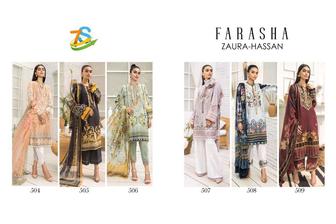 FARASHA BY ZAURA HASSAN 504 TO 509 BEAUTIFUL PAKISTANI SUITS COLORFUL STYLISH FANCY CASUAL WEAR & ETHNIC WEAR PURE JAM COTTON PRINTED WITH EMBROIDER DRESSES AT WHOLESALE PRICE