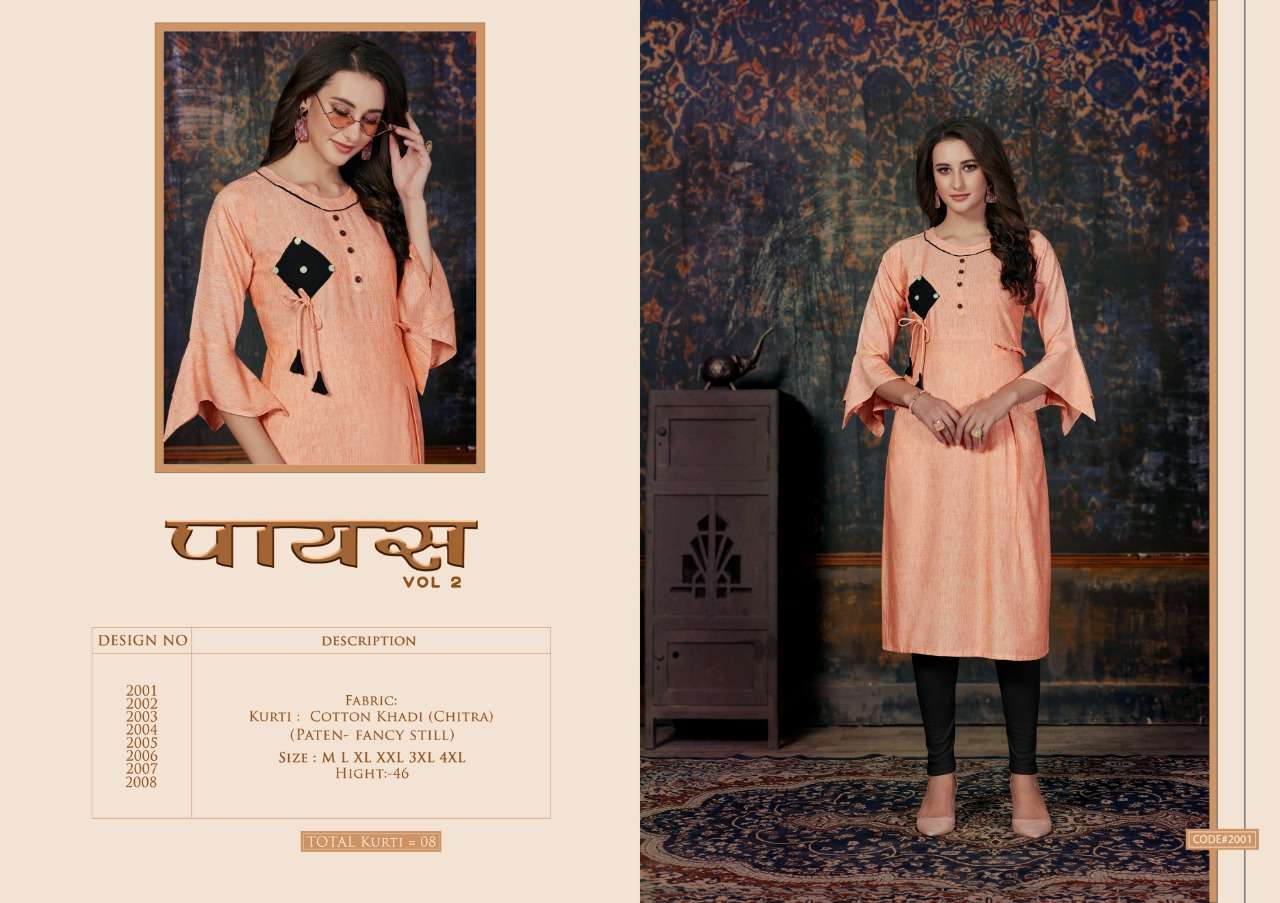 PAYAS VOL-2 BY NITISHA NX 2001 TO 2008 SERIES BEAUTIFUL STYLISH FANCY COLORFUL CASUAL WEAR & ETHNIC WEAR & READY TO WEAR COTTON KHADI KURTIS AT WHOLESALE PRICE