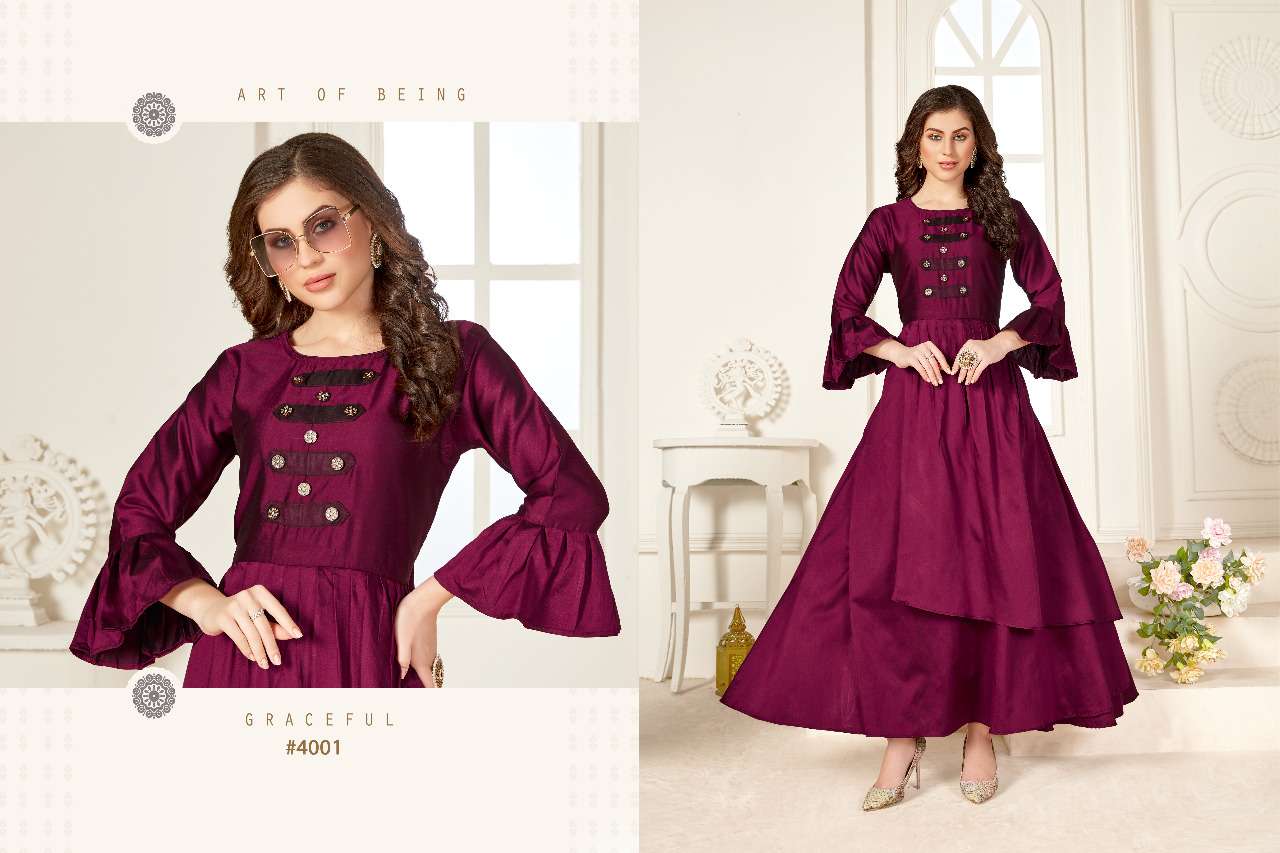 NAYSHA VOL-4 BY KAJRI STYLE 4001 TO 4004 SERIES BEAUTIFUL STYLISH FANCY COLORFUL CASUAL WEAR & ETHNIC WEAR & READY TO WEAR HEAVY BLACK BERRY KURTIS AT WHOLESALE PRICE