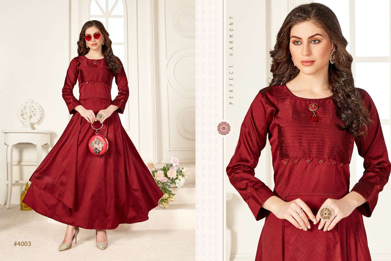 NAYSHA VOL-4 BY KAJRI STYLE 4001 TO 4004 SERIES BEAUTIFUL STYLISH FANCY COLORFUL CASUAL WEAR & ETHNIC WEAR & READY TO WEAR HEAVY BLACK BERRY KURTIS AT WHOLESALE PRICE