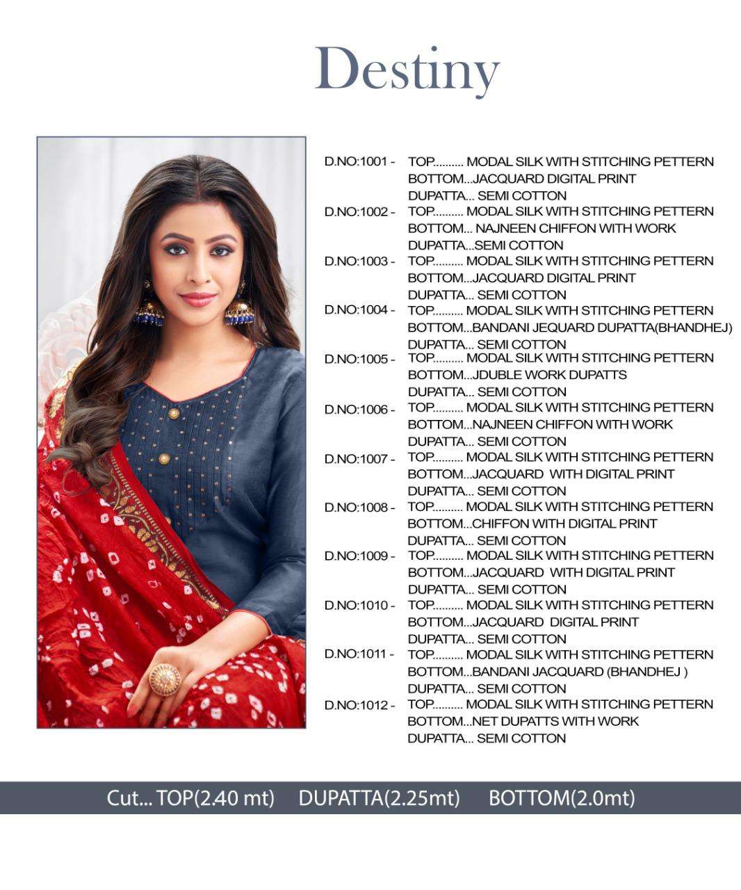 DESTINY BY SHAGUN LIFESTYLE 1001 TO 1012 SERIES BEAUTIFUL SUITS STYLISH FANCY COLORFUL PARTY WEAR & ETHNIC WEAR MODAL WITH PATTERN DRESSES AT WHOLESALE PRICE