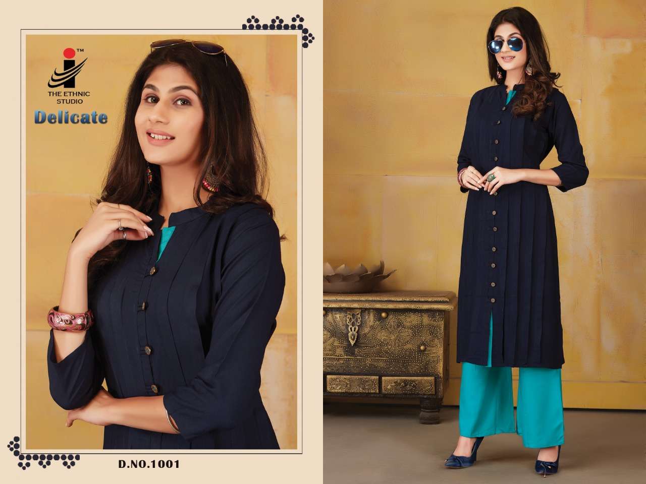 DELICATE BY THE ETHNIC STUDIO 1001 TO 1008 SERIES BEAUTIFUL STYLISH FANCY COLORFUL CASUAL WEAR & ETHNIC WEAR & READY TO WEAR RAYON KURTIS WITH BOTTOM AT WHOLESALE PRICE
