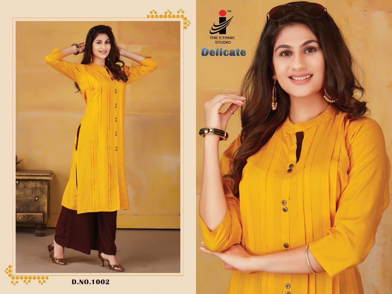 DELICATE BY THE ETHNIC STUDIO 1001 TO 1008 SERIES BEAUTIFUL STYLISH FANCY COLORFUL CASUAL WEAR & ETHNIC WEAR & READY TO WEAR RAYON KURTIS WITH BOTTOM AT WHOLESALE PRICE