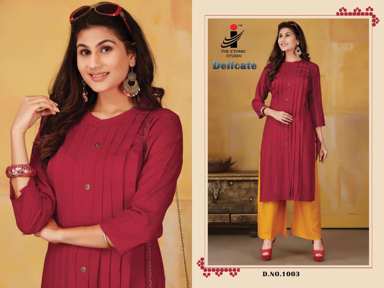 DELICATE BY THE ETHNIC STUDIO 1001 TO 1008 SERIES BEAUTIFUL STYLISH FANCY COLORFUL CASUAL WEAR & ETHNIC WEAR & READY TO WEAR RAYON KURTIS WITH BOTTOM AT WHOLESALE PRICE