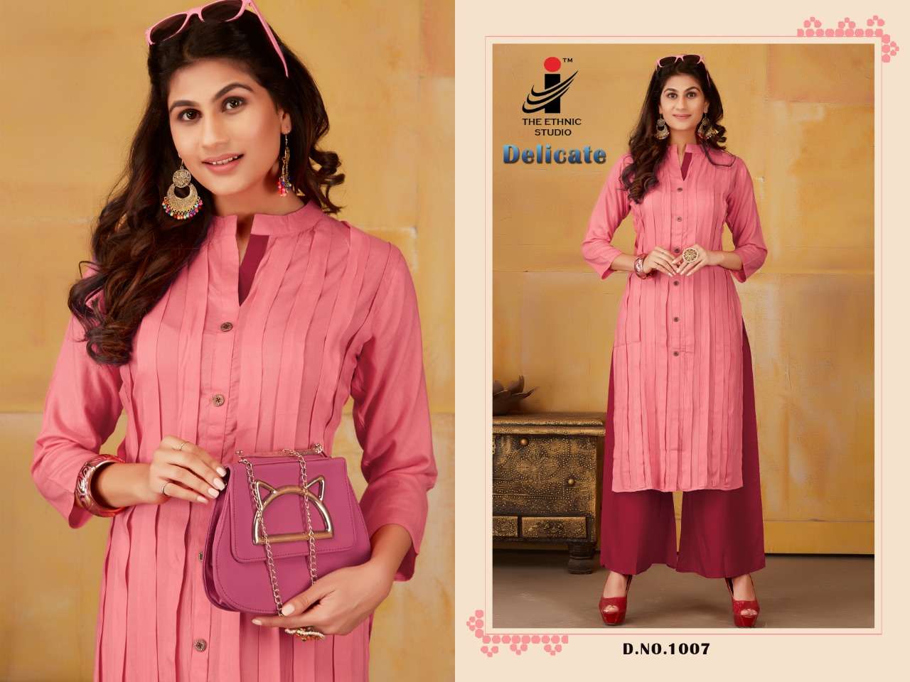 DELICATE BY THE ETHNIC STUDIO 1001 TO 1008 SERIES BEAUTIFUL STYLISH FANCY COLORFUL CASUAL WEAR & ETHNIC WEAR & READY TO WEAR RAYON KURTIS WITH BOTTOM AT WHOLESALE PRICE