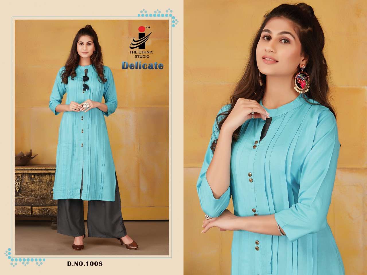 DELICATE BY THE ETHNIC STUDIO 1001 TO 1008 SERIES BEAUTIFUL STYLISH FANCY COLORFUL CASUAL WEAR & ETHNIC WEAR & READY TO WEAR RAYON KURTIS WITH BOTTOM AT WHOLESALE PRICE