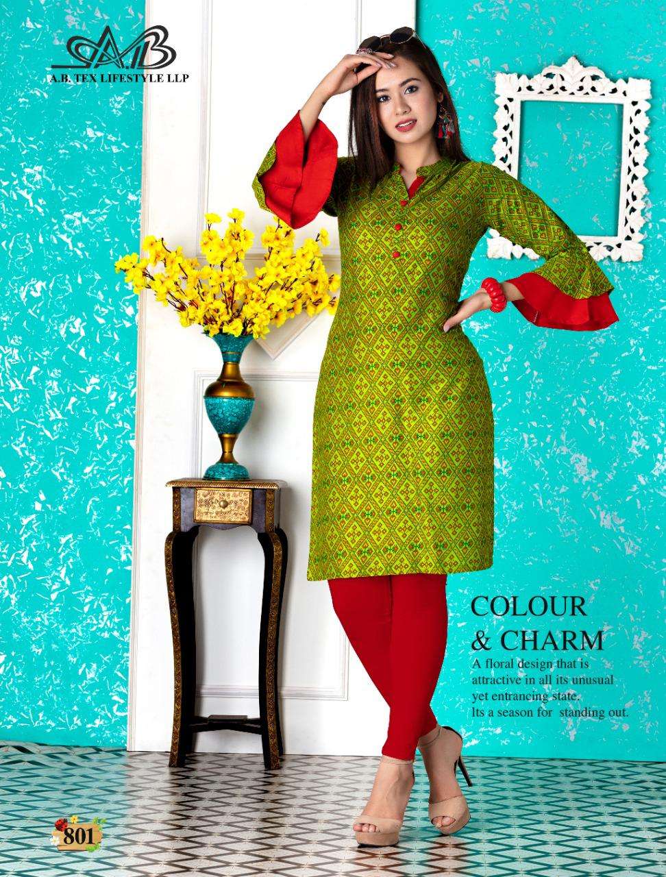 SARIKA BY A.B FASHION 801 TO 808 SERIES BEAUTIFUL STYLISH FANCY COLORFUL CASUAL WEAR & ETHNIC WEAR RAYON PRINTED KURTIS AT WHOLESALE PRICE