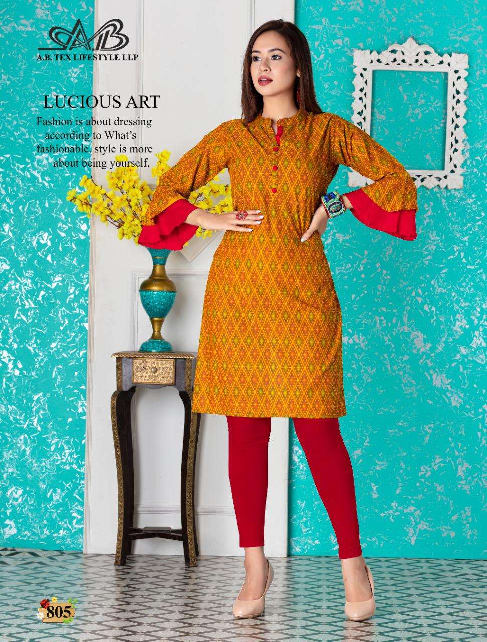 SARIKA BY A.B FASHION 801 TO 808 SERIES BEAUTIFUL STYLISH FANCY COLORFUL CASUAL WEAR & ETHNIC WEAR RAYON PRINTED KURTIS AT WHOLESALE PRICE