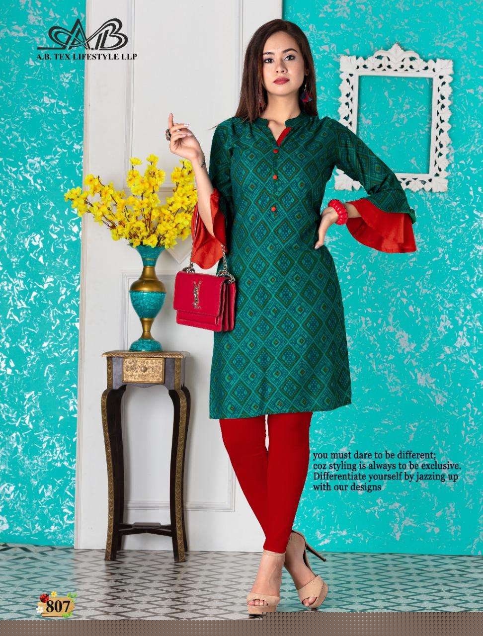 SARIKA BY A.B FASHION 801 TO 808 SERIES BEAUTIFUL STYLISH FANCY COLORFUL CASUAL WEAR & ETHNIC WEAR RAYON PRINTED KURTIS AT WHOLESALE PRICE
