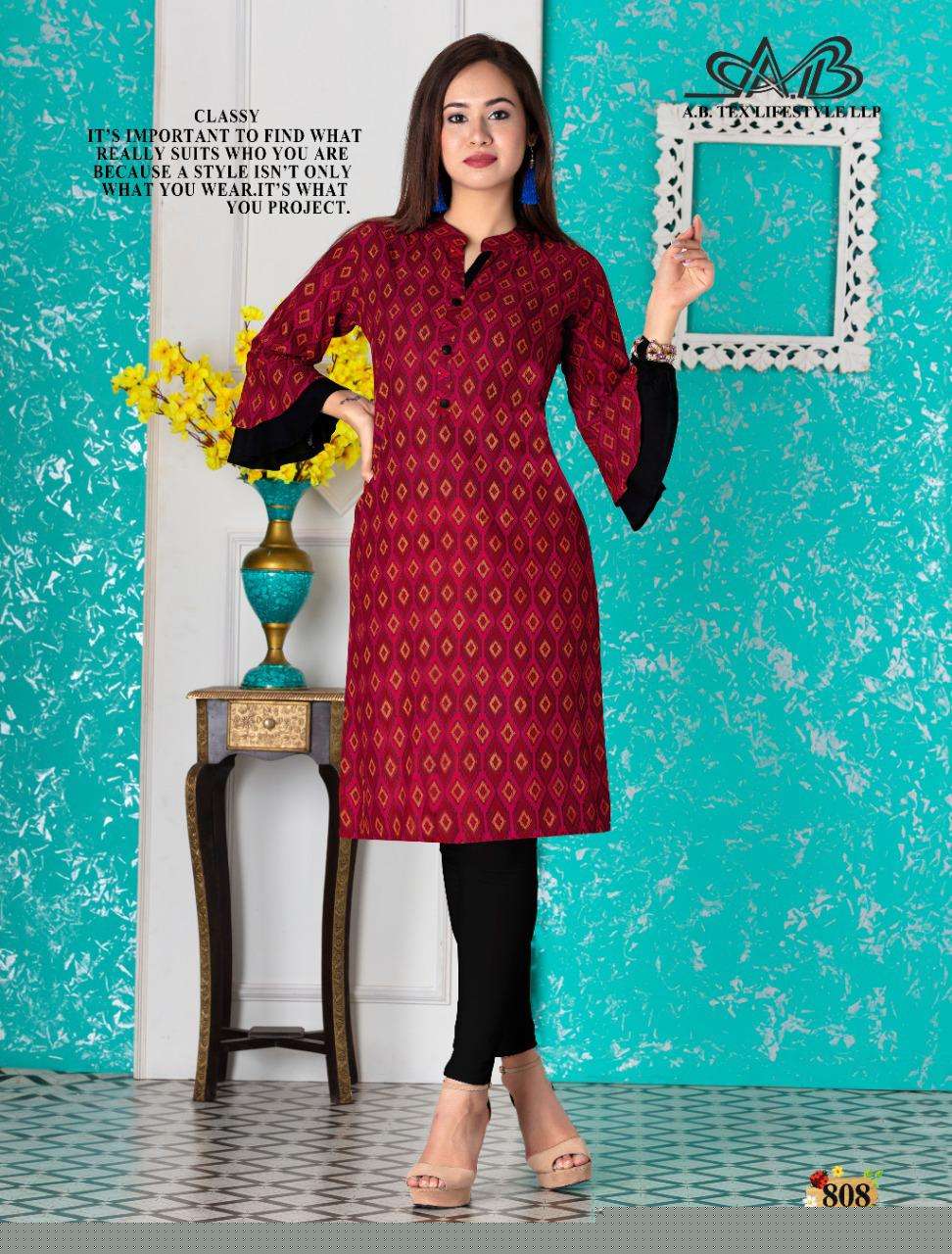 SARIKA BY A.B FASHION 801 TO 808 SERIES BEAUTIFUL STYLISH FANCY COLORFUL CASUAL WEAR & ETHNIC WEAR RAYON PRINTED KURTIS AT WHOLESALE PRICE