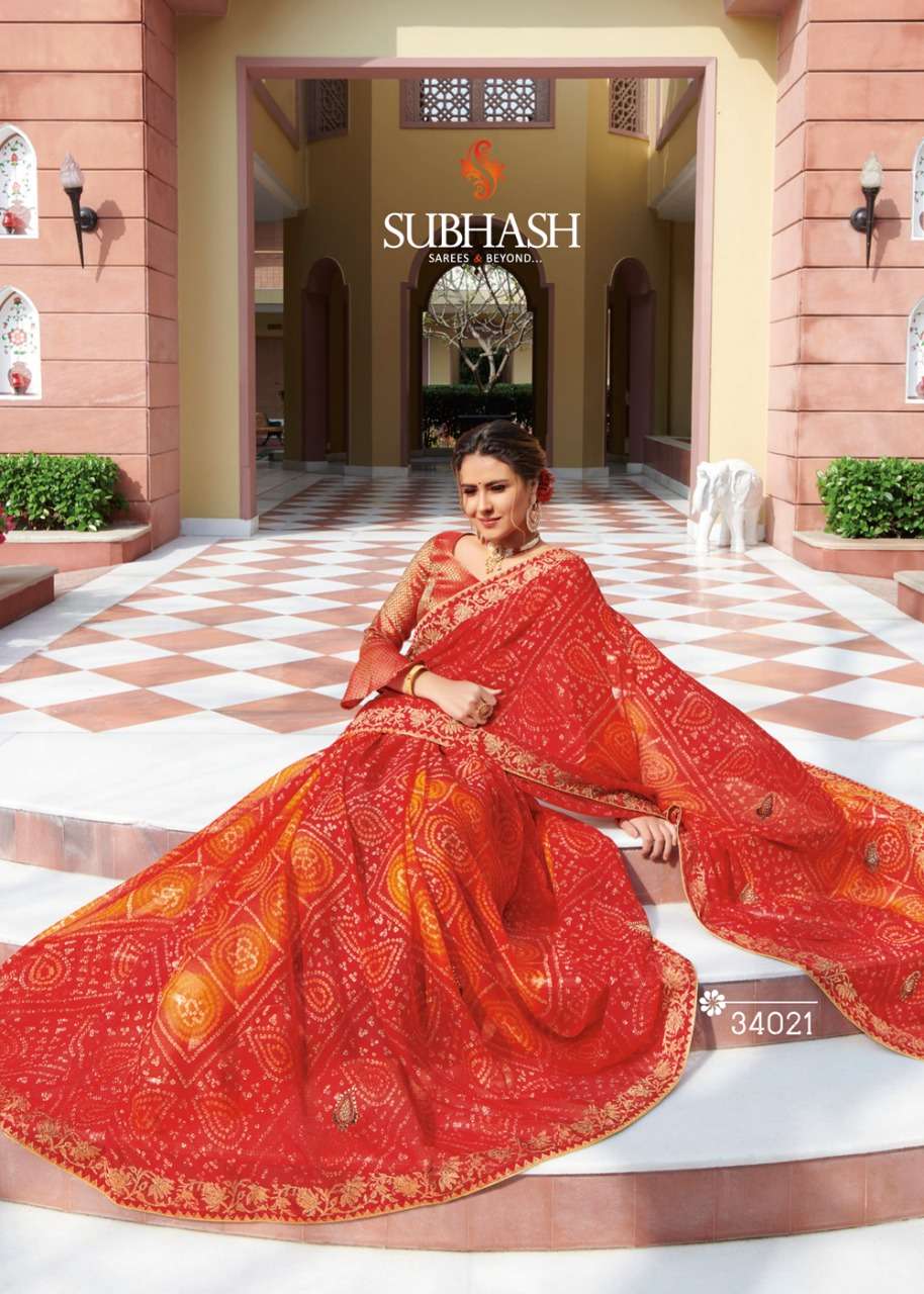 BANDHANI VOL-2 BY SUBHASH SAREES 34021 TO 34028 SERIES INDIAN TRADITIONAL WEAR COLLECTION BEAUTIFUL STYLISH FANCY COLORFUL PARTY WEAR & OCCASIONAL WEAR PUSHKAR CHIFFON EMBROIDERED SAREES AT WHOLESALE PRICE