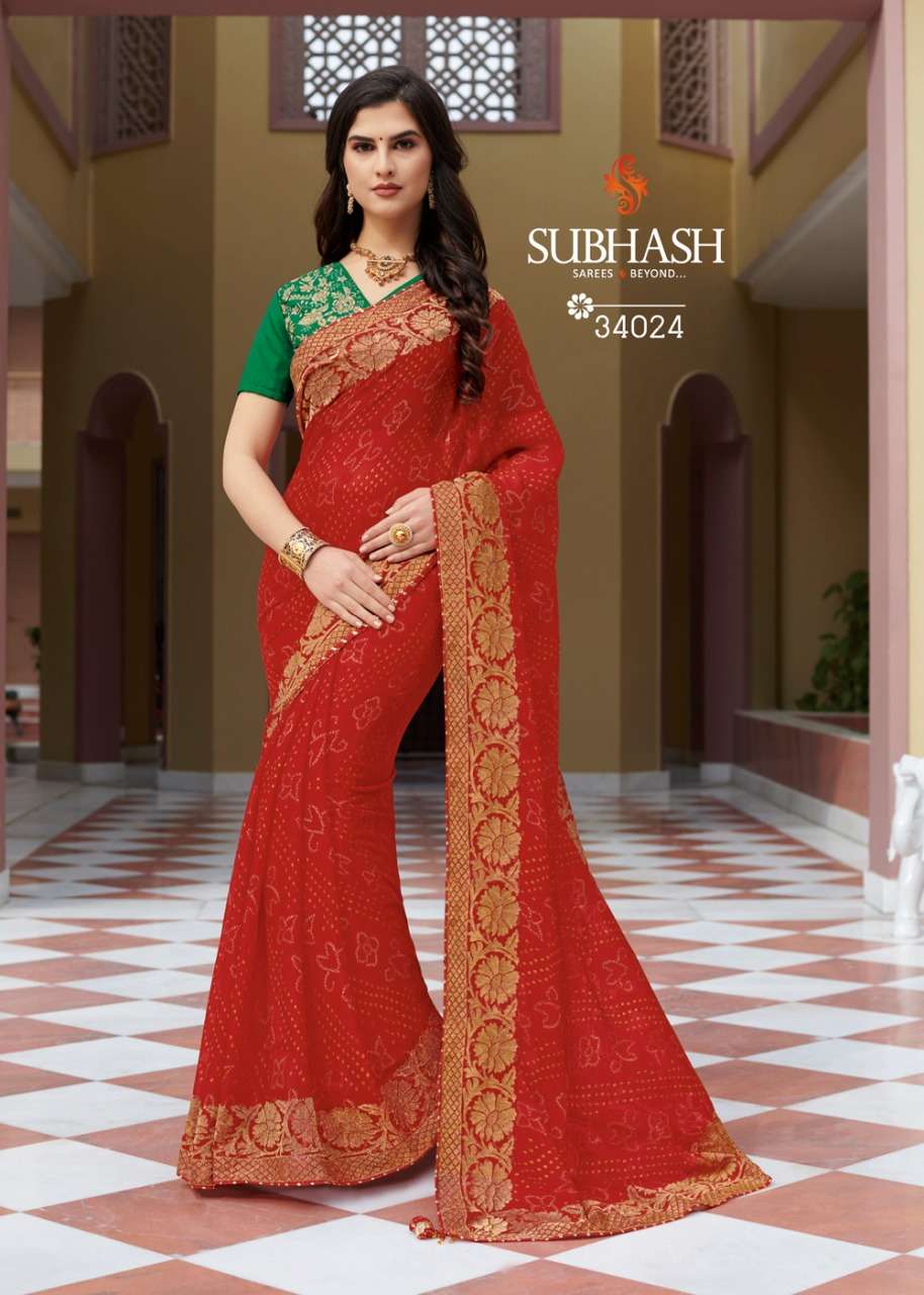 BANDHANI VOL-2 BY SUBHASH SAREES 34021 TO 34028 SERIES INDIAN TRADITIONAL WEAR COLLECTION BEAUTIFUL STYLISH FANCY COLORFUL PARTY WEAR & OCCASIONAL WEAR PUSHKAR CHIFFON EMBROIDERED SAREES AT WHOLESALE PRICE