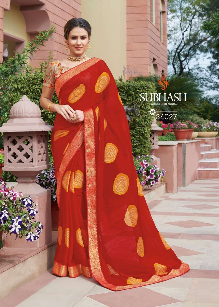 BANDHANI VOL-2 BY SUBHASH SAREES 34021 TO 34028 SERIES INDIAN TRADITIONAL WEAR COLLECTION BEAUTIFUL STYLISH FANCY COLORFUL PARTY WEAR & OCCASIONAL WEAR PUSHKAR CHIFFON EMBROIDERED SAREES AT WHOLESALE PRICE
