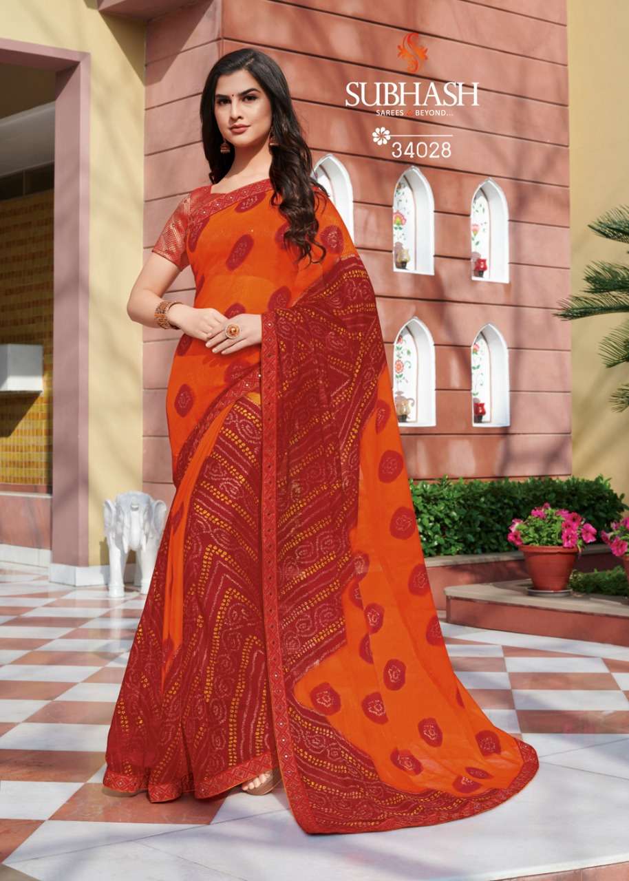 BANDHANI VOL-2 BY SUBHASH SAREES 34021 TO 34028 SERIES INDIAN TRADITIONAL WEAR COLLECTION BEAUTIFUL STYLISH FANCY COLORFUL PARTY WEAR & OCCASIONAL WEAR PUSHKAR CHIFFON EMBROIDERED SAREES AT WHOLESALE PRICE