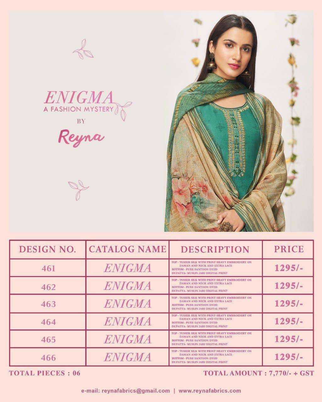 ENIGMA Y REYNA 461 TO 466 SERIES INDIAN TRADITIONAL WEAR COLLECTION BEAUTIFUL STYLISH FANCY COLORFUL PARTY WEAR & OCCASIONAL WEAR TUSSAR SILK DIGITAL PRINT WITH EMBROIDERY DRESSES AT WHOLESALE PRICE