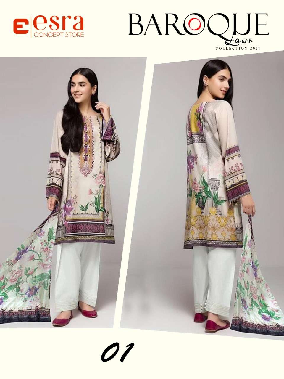 BAROQUE LAWN BY ESRA 01 TO 05 SERIES PAKISTANI SUITS BEAUTIFUL FANCY COLORFUL STYLISH PARTY WEAR & OCCASIONAL WEAR PURE LAWN COTTON DIGITAL PRINT EMBROIDERED DRESSES AT WHOLESALE PRICE