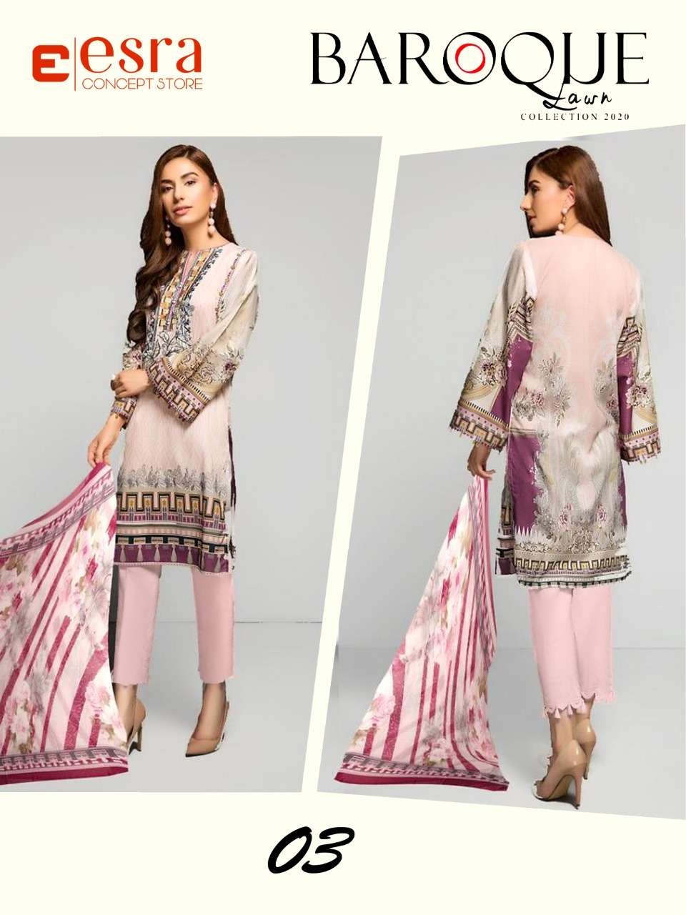 BAROQUE LAWN BY ESRA 01 TO 05 SERIES PAKISTANI SUITS BEAUTIFUL FANCY COLORFUL STYLISH PARTY WEAR & OCCASIONAL WEAR PURE LAWN COTTON DIGITAL PRINT EMBROIDERED DRESSES AT WHOLESALE PRICE