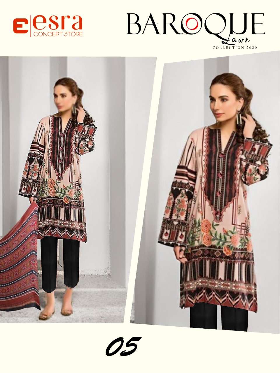 BAROQUE LAWN BY ESRA 01 TO 05 SERIES PAKISTANI SUITS BEAUTIFUL FANCY COLORFUL STYLISH PARTY WEAR & OCCASIONAL WEAR PURE LAWN COTTON DIGITAL PRINT EMBROIDERED DRESSES AT WHOLESALE PRICE