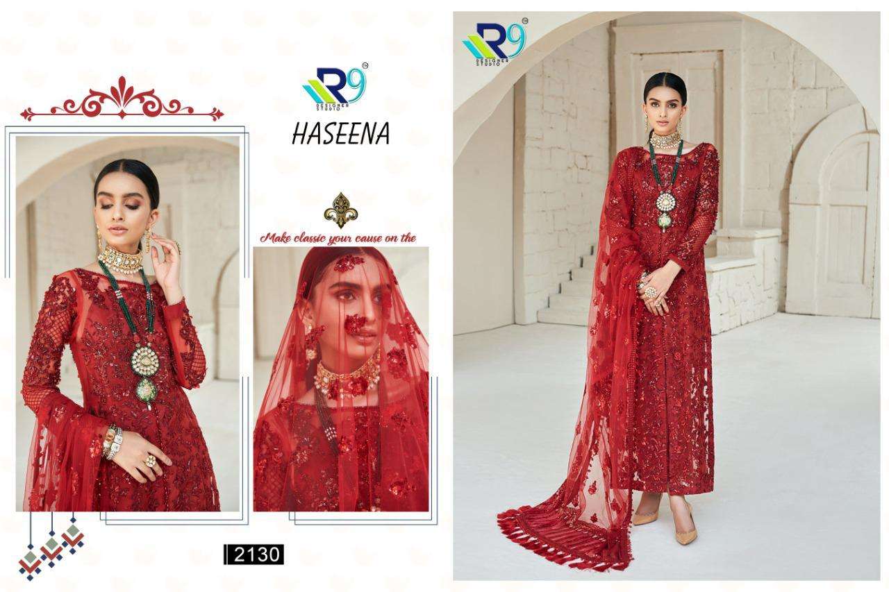 HASEENA BY R9 2130 TO 2134 SERIES PAKISTANI SUITS BEAUTIFUL FANCY COLORFUL STYLISH PARTY WEAR & OCCASIONAL WEAR FAUX GEORGETTE/NET EMBROIDERED DRESSES AT WHOLESALE PRICE