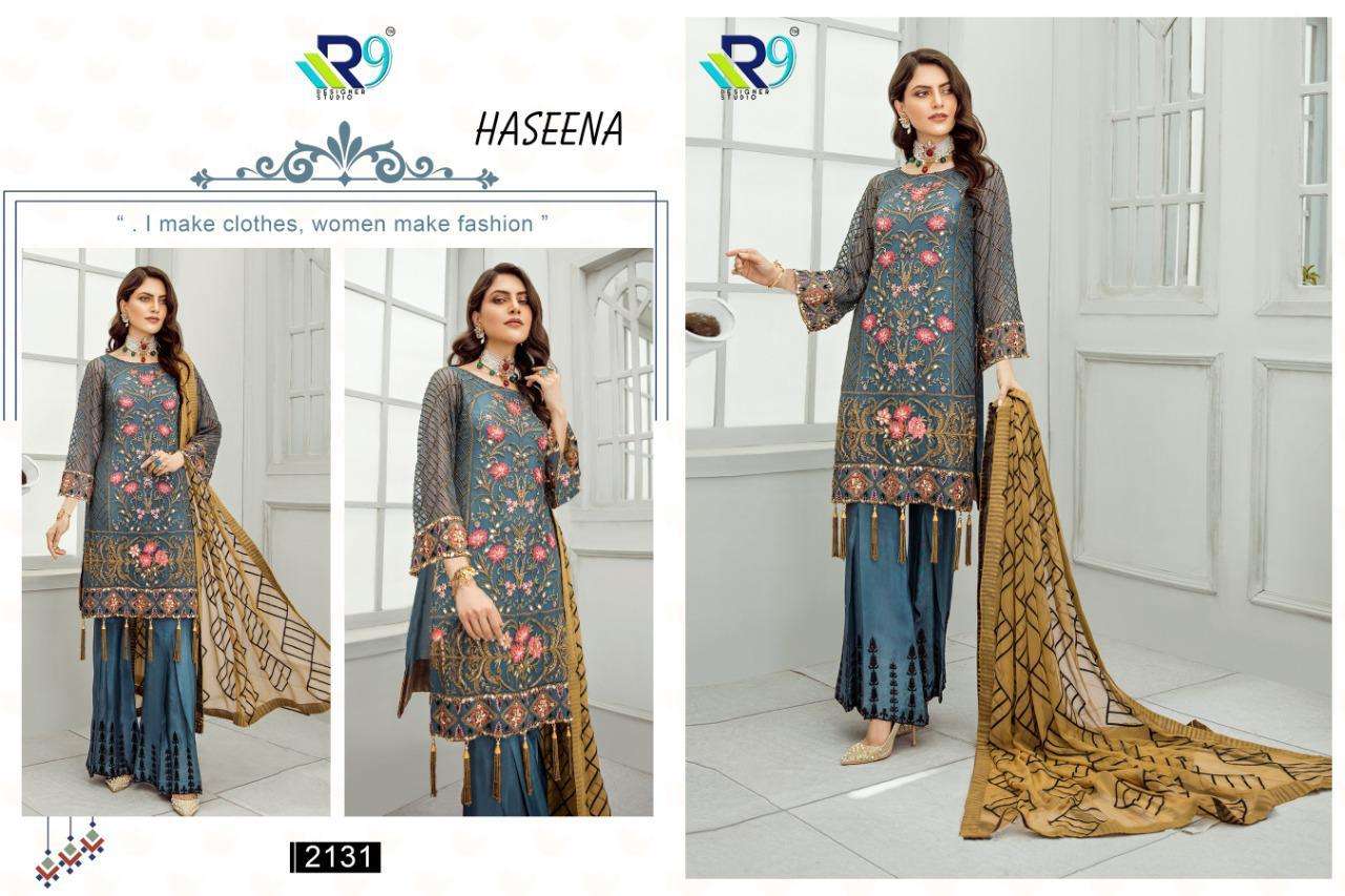 HASEENA BY R9 2130 TO 2134 SERIES PAKISTANI SUITS BEAUTIFUL FANCY COLORFUL STYLISH PARTY WEAR & OCCASIONAL WEAR FAUX GEORGETTE/NET EMBROIDERED DRESSES AT WHOLESALE PRICE