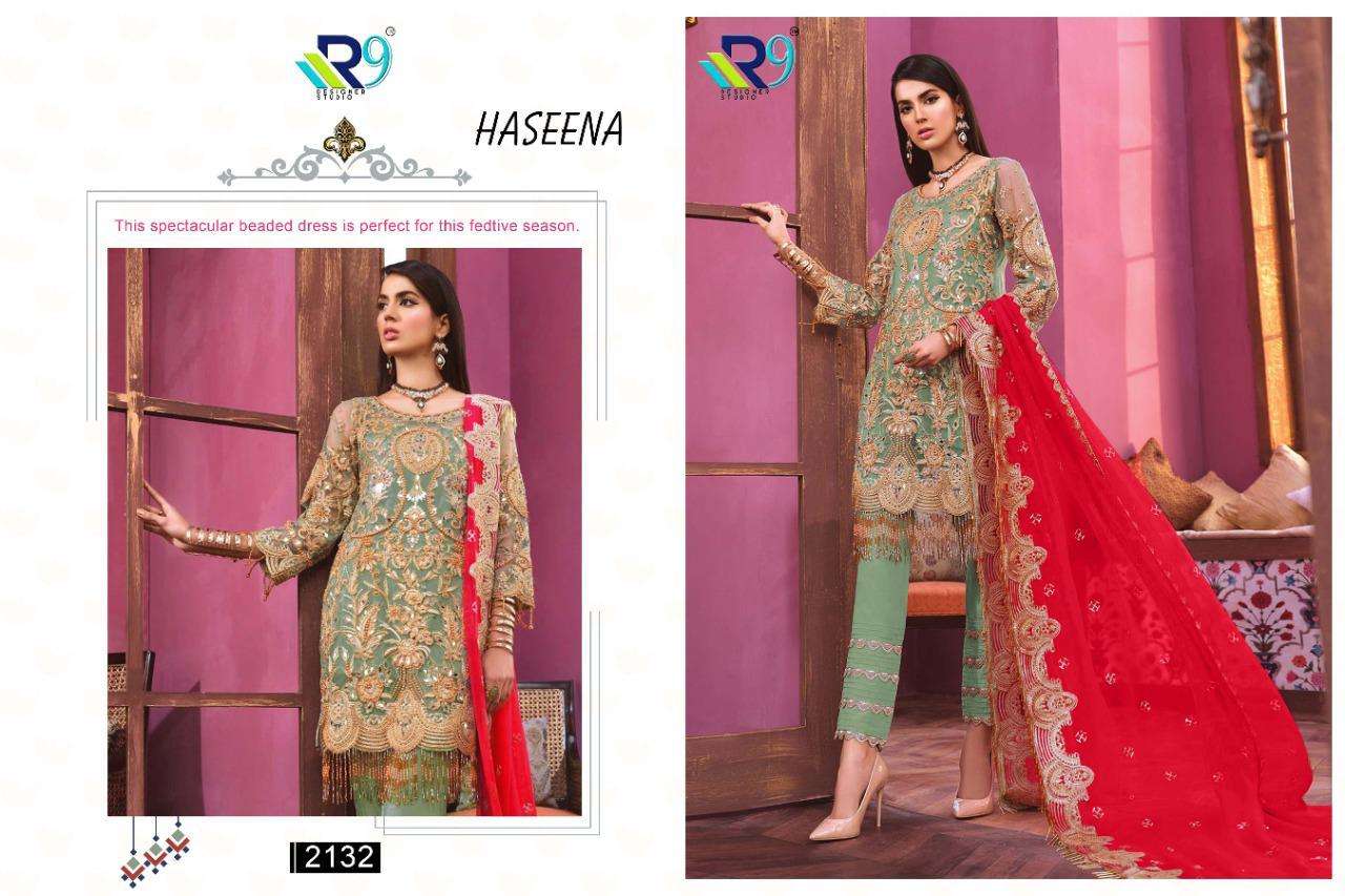 HASEENA BY R9 2130 TO 2134 SERIES PAKISTANI SUITS BEAUTIFUL FANCY COLORFUL STYLISH PARTY WEAR & OCCASIONAL WEAR FAUX GEORGETTE/NET EMBROIDERED DRESSES AT WHOLESALE PRICE