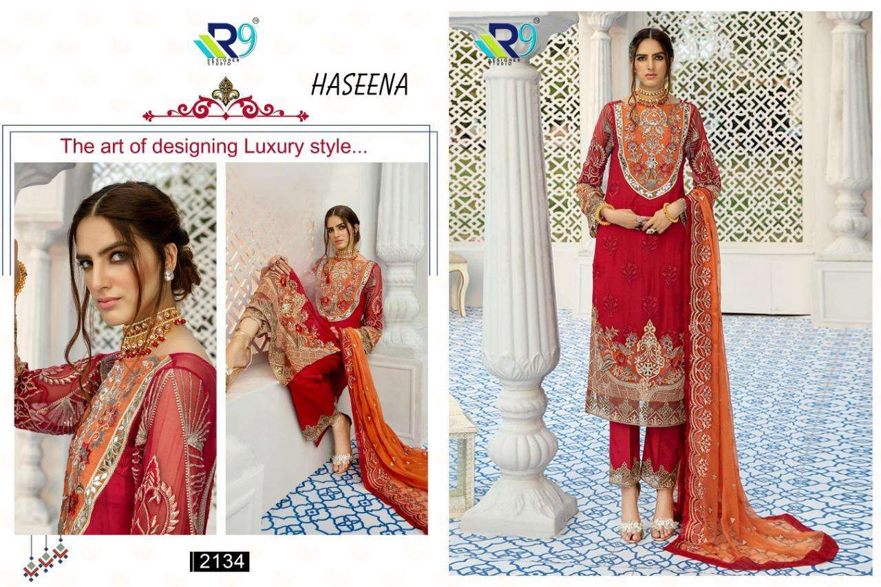 HASEENA BY R9 2130 TO 2134 SERIES PAKISTANI SUITS BEAUTIFUL FANCY COLORFUL STYLISH PARTY WEAR & OCCASIONAL WEAR FAUX GEORGETTE/NET EMBROIDERED DRESSES AT WHOLESALE PRICE