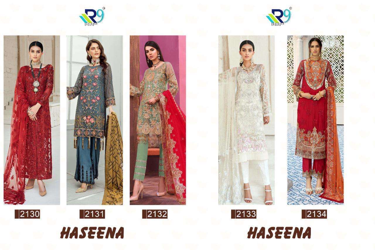 HASEENA BY R9 2130 TO 2134 SERIES PAKISTANI SUITS BEAUTIFUL FANCY COLORFUL STYLISH PARTY WEAR & OCCASIONAL WEAR FAUX GEORGETTE/NET EMBROIDERED DRESSES AT WHOLESALE PRICE